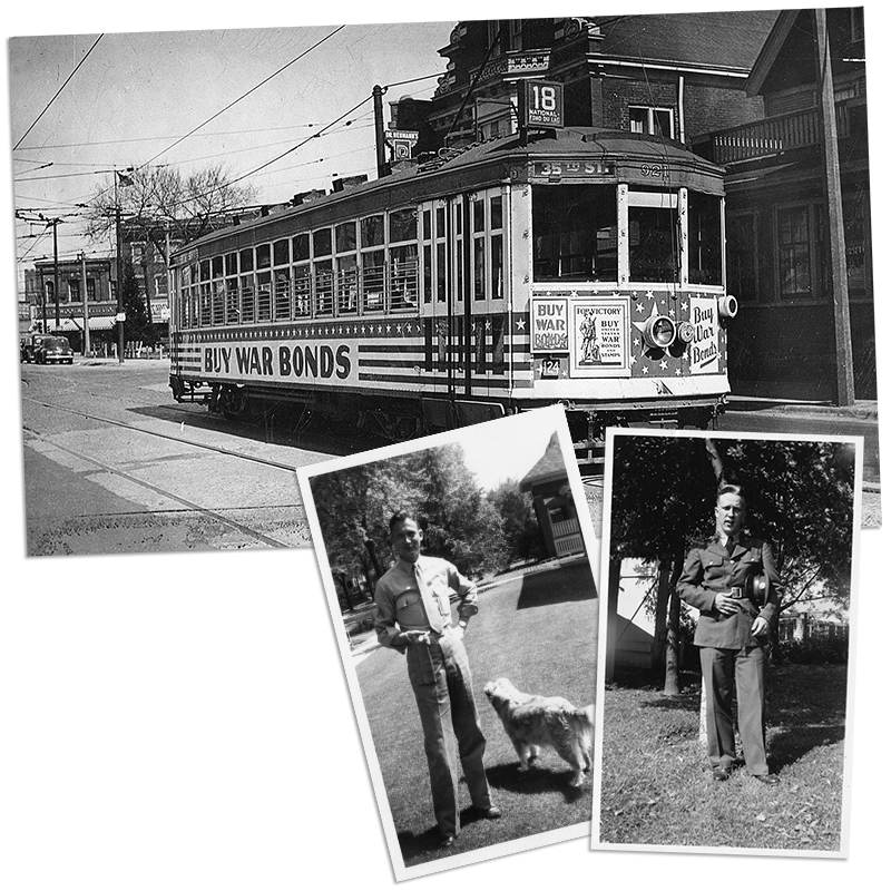 collection of photos of Park Bank employees in uniform. Buy war bonds advertisement on side of trolley bus circa 1941.